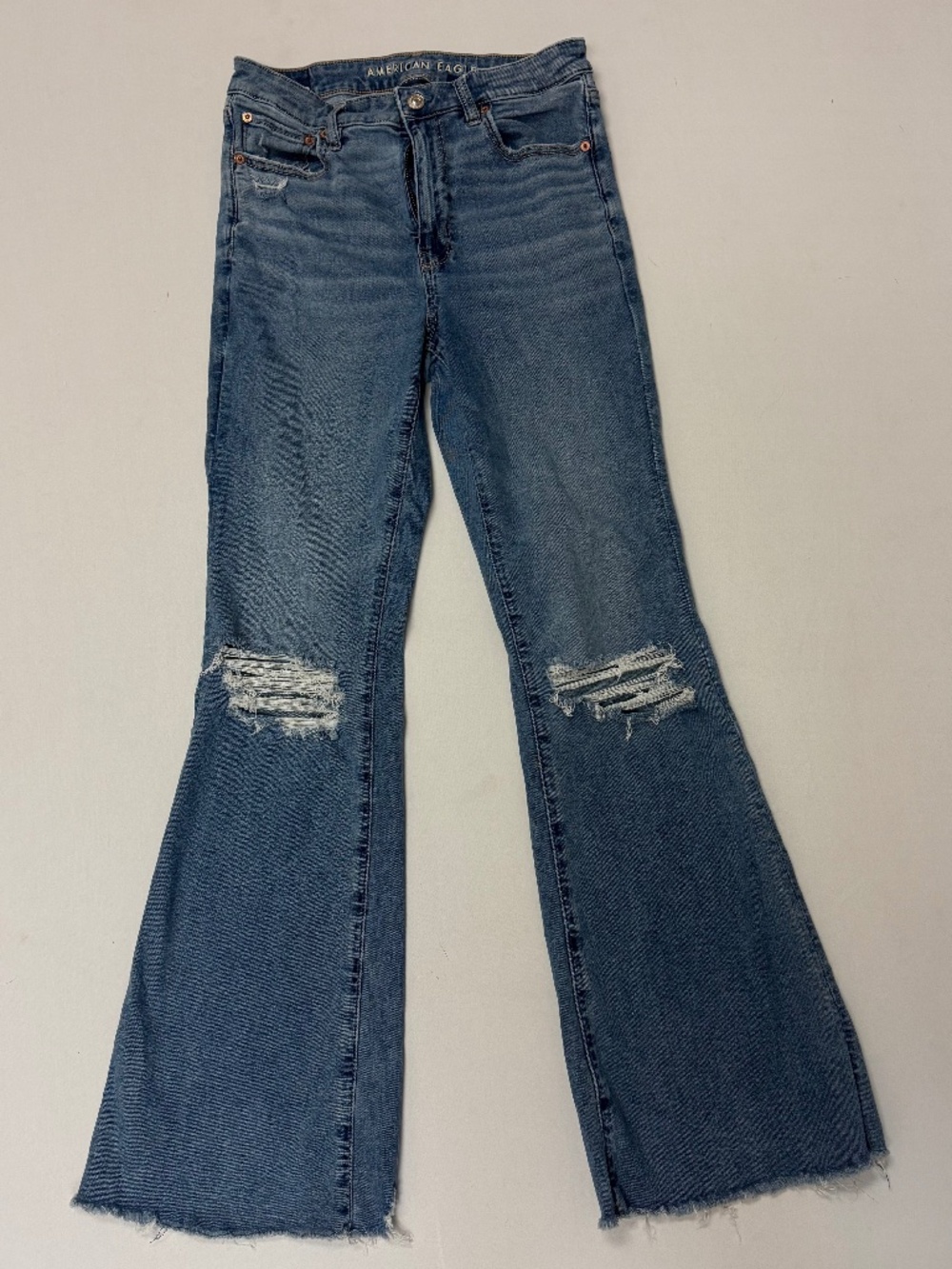 American Eagle AE Distressed Flare Jeans Womens Blue Ripped Knee Raw Hem